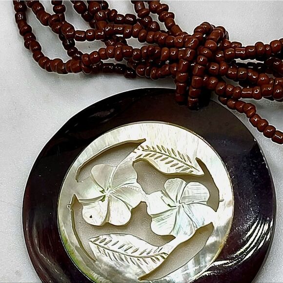 "5/$25" Multistrand Seed Bead Floral Abalone Shell Pendant Necklace - Picture 2 of 10